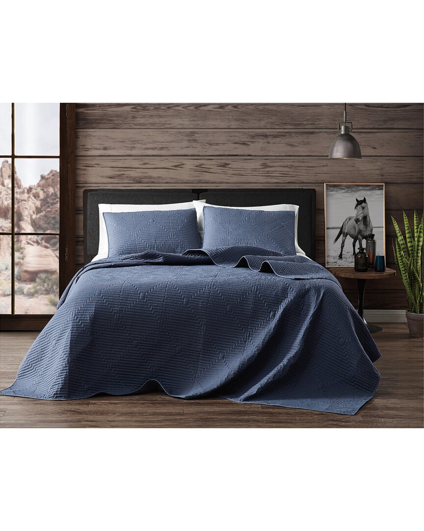 Frye Ray Pick Stitch Embroidered Blue Quilt Set