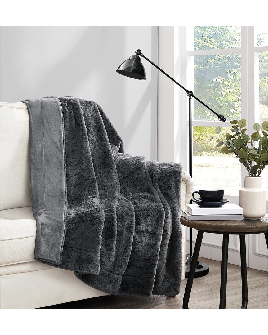 Vince Camuto Soft Faux Rabbit Fur Grey Throw In Gift Box