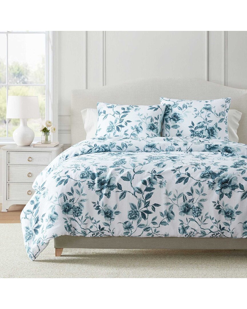 Martha Stewart 258 Thread Count Vivian Floral 100% Cotton Jacquard Comforter  Set In Blue