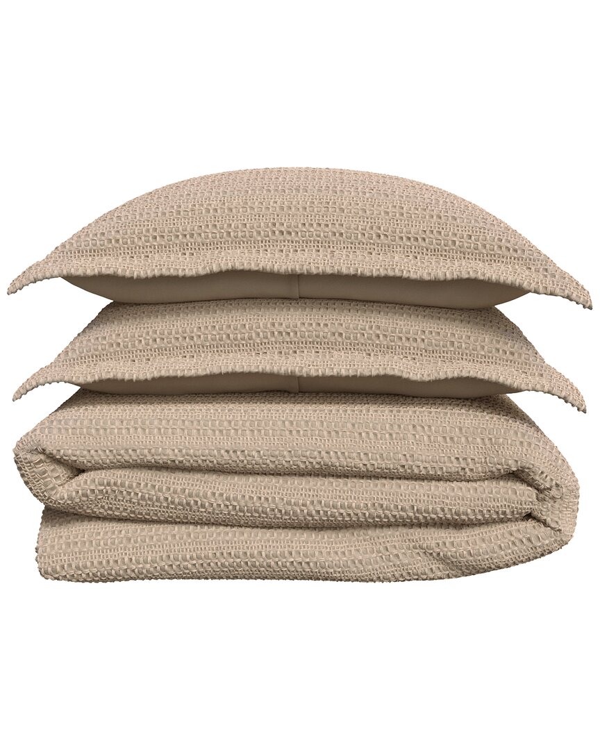 Linery & Co 100% Cotton Reversible Waffle Weave / Percale Duvet Cover Set In Brown