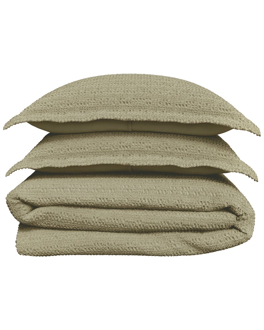 Linery & Co 100% Cotton Reversible Waffle Weave / Percale Duvet Cover Set In Green