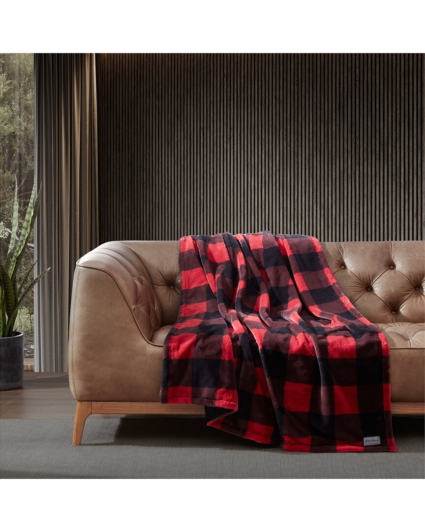 Eddie Bauer Cabin Plaid Fur Like-reversible Throw Blanket In Red