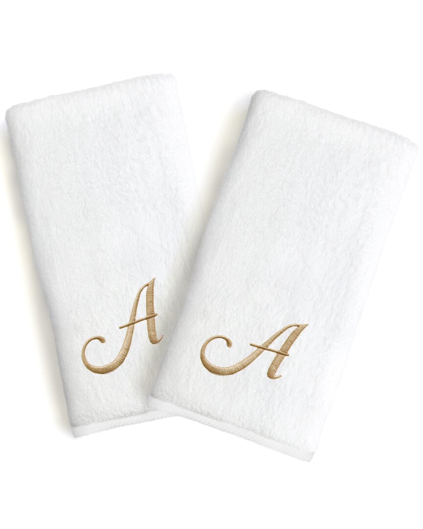 Linum Home Textiles Set Of 2 Monogrammed Luxury Turkish Cotton Novelty Hand Towels Linum Gold Font In White