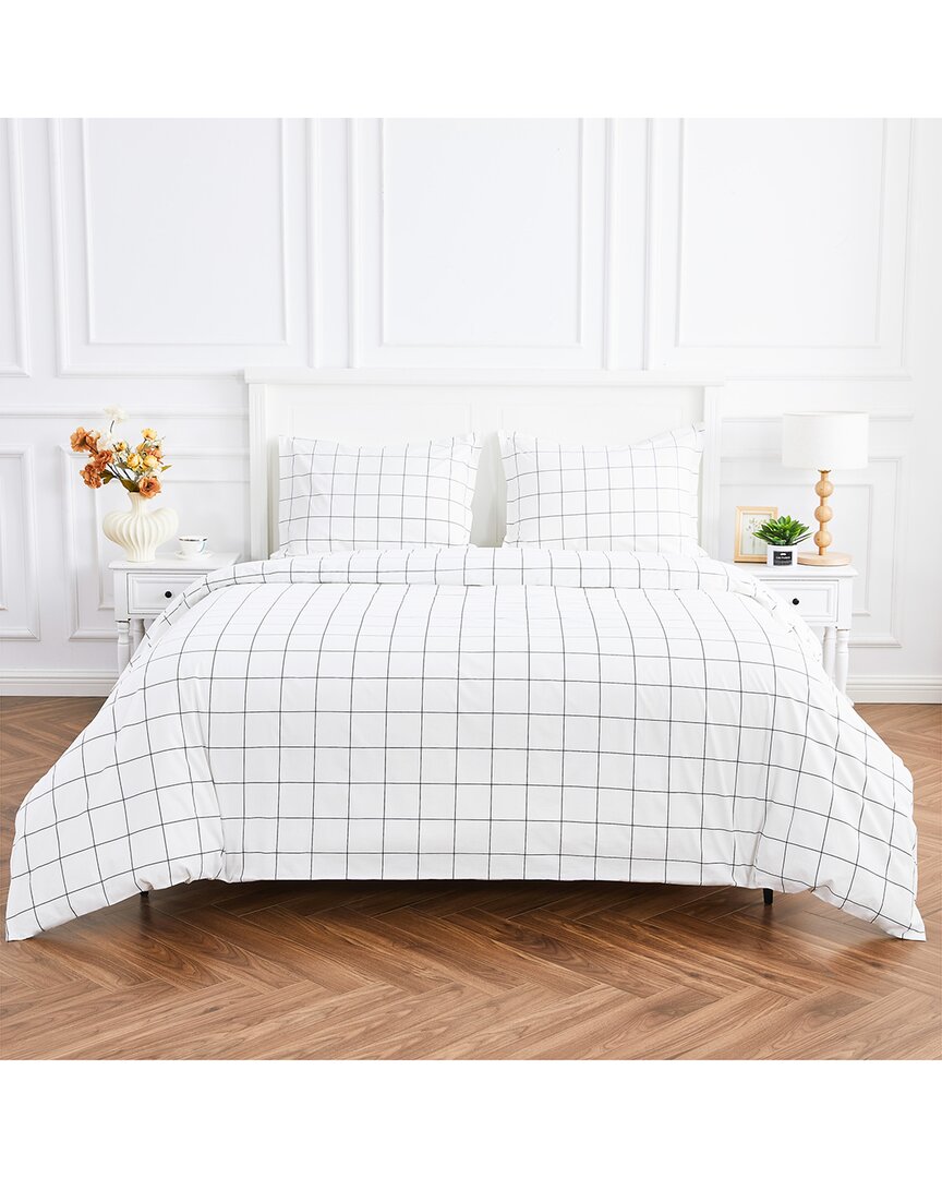 Melange Mélange Home Grid Percale Cotton Duvet Set In White