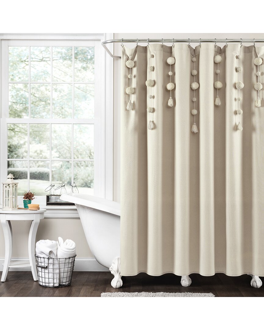 Lush Decor Lush Décor Boho Pom Pom Tassel Linen Shower Curtain In Neutral