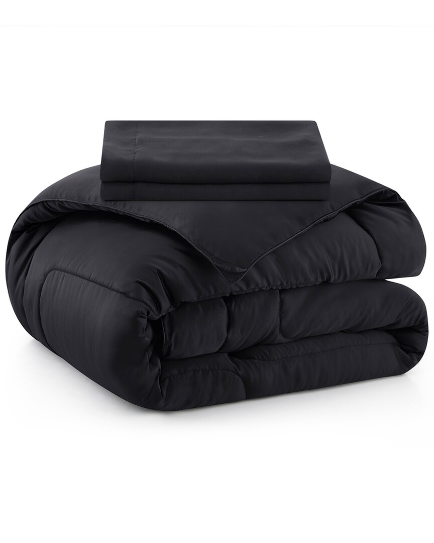 Unikome All-seasons Silky Down Alternative Comforter Set With Sateen Wrapping In Black