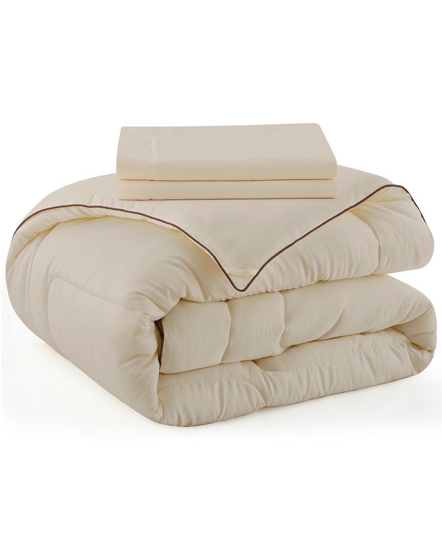 Unikome All-seasons Silky Down Alternative Comforter Set With Sateen Wrapping In Beige