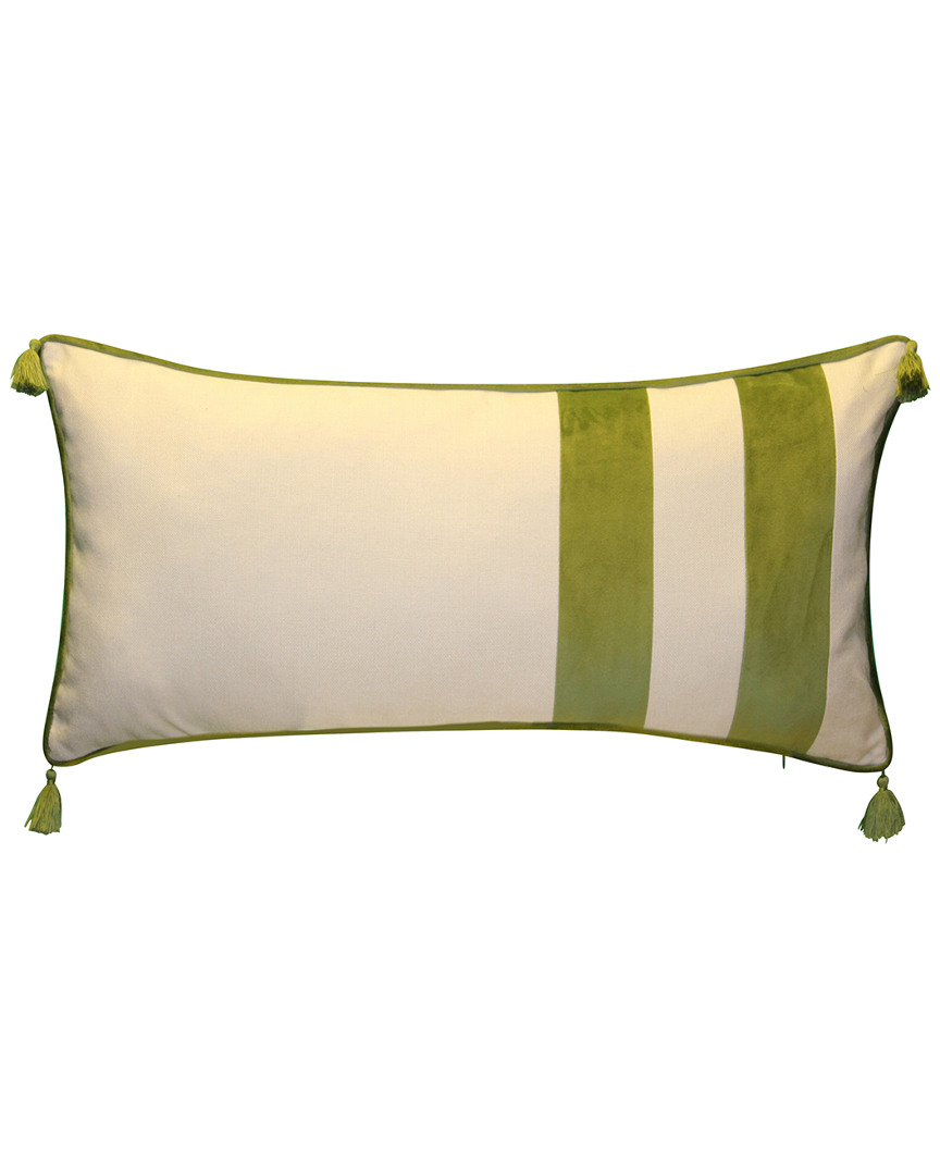 Edie Home Velvet Lumbar Pillow With Striped Tassel & Faux Linen Details In White