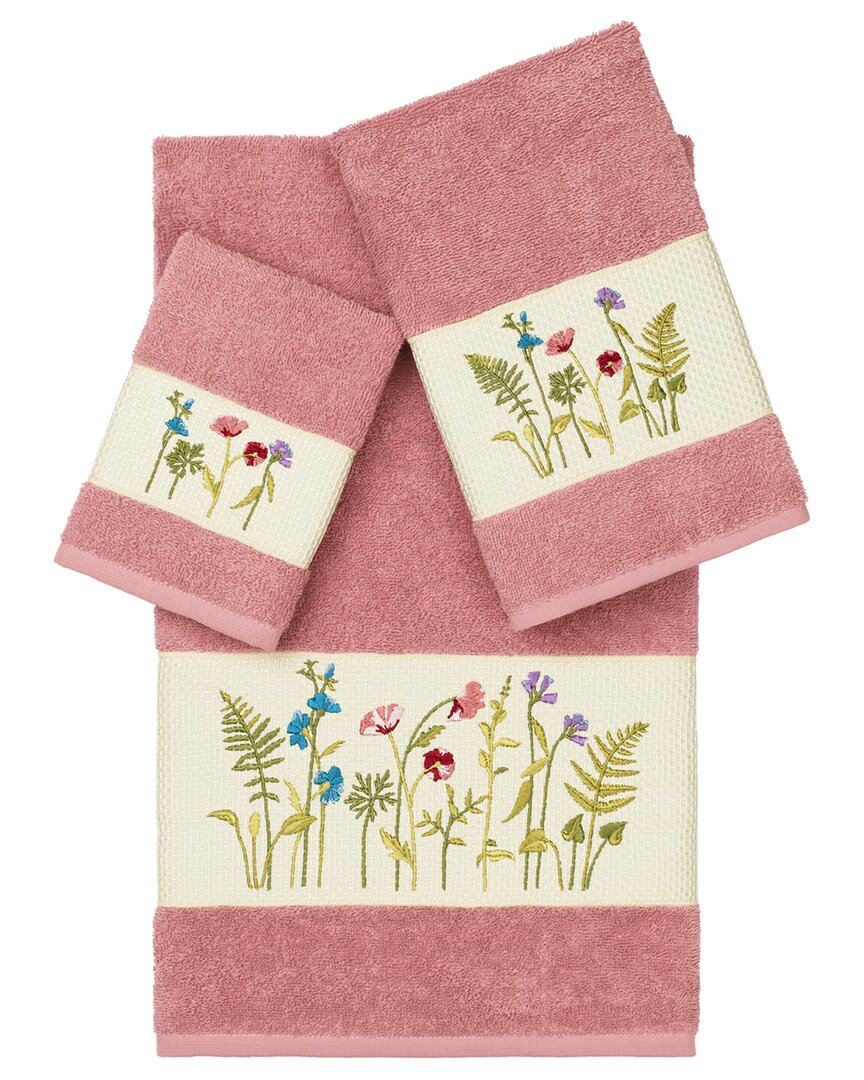 Linum Home Textiles Turkish Cotton Serenity 3pc Embellished Towel Set In Rose