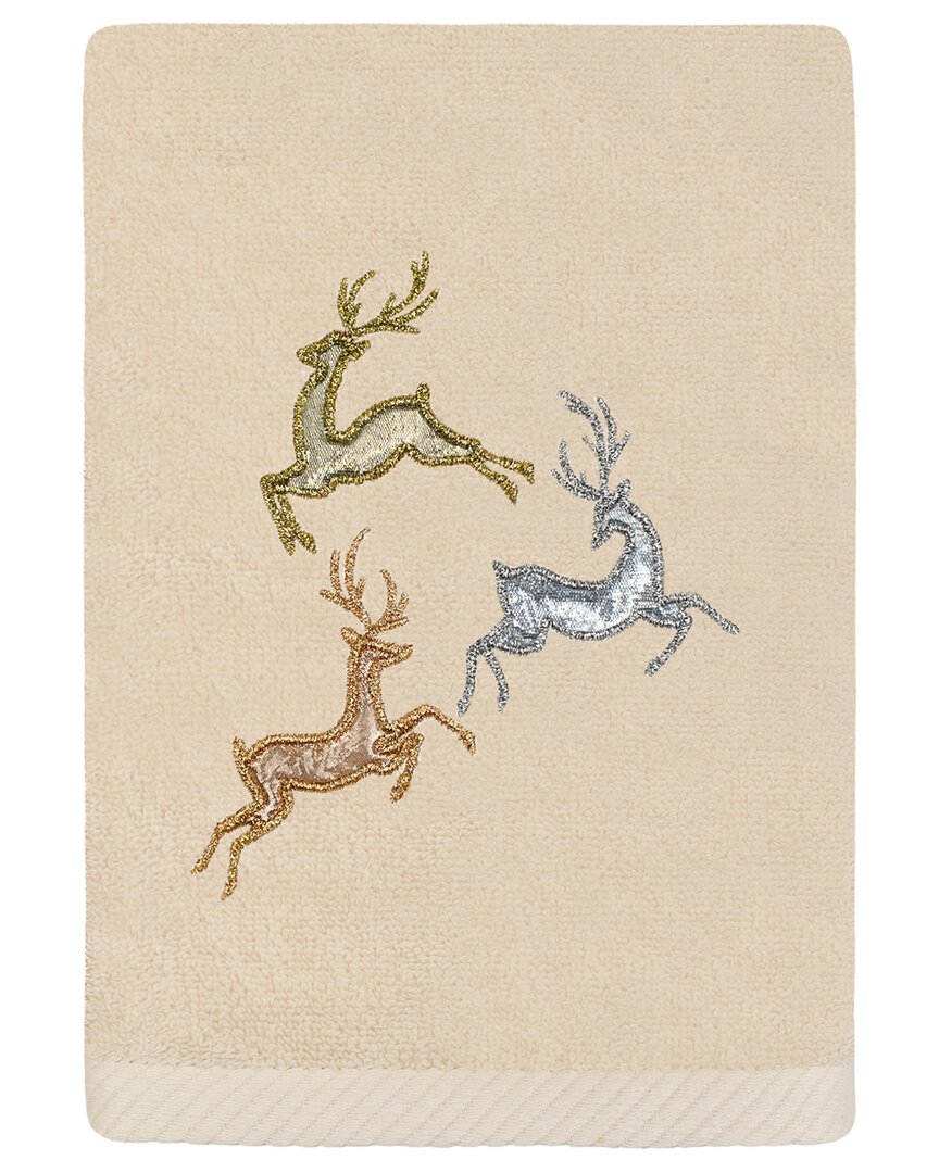 Linum Home Textiles Christmas Leaping Deer - Embroidered Luxury Turkish Cotton Hand Towel In Beige