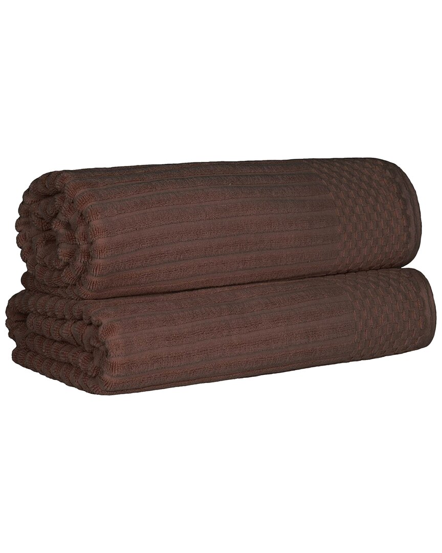 Superior Cotton Highly Absorbent Solid And Checkered Border Bath Sheet Set In Brown