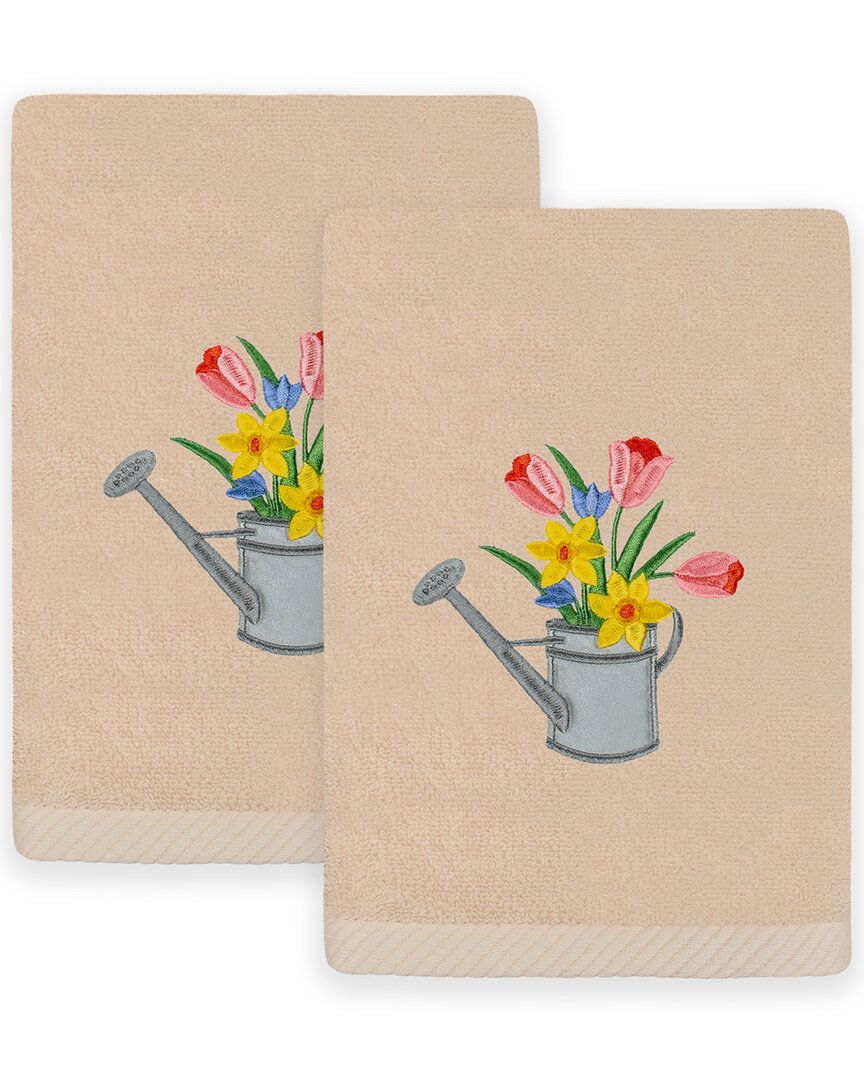 Linum Home Textiles Set Of 2 Spring Watering Can Embroidered Luxury Hand Towels