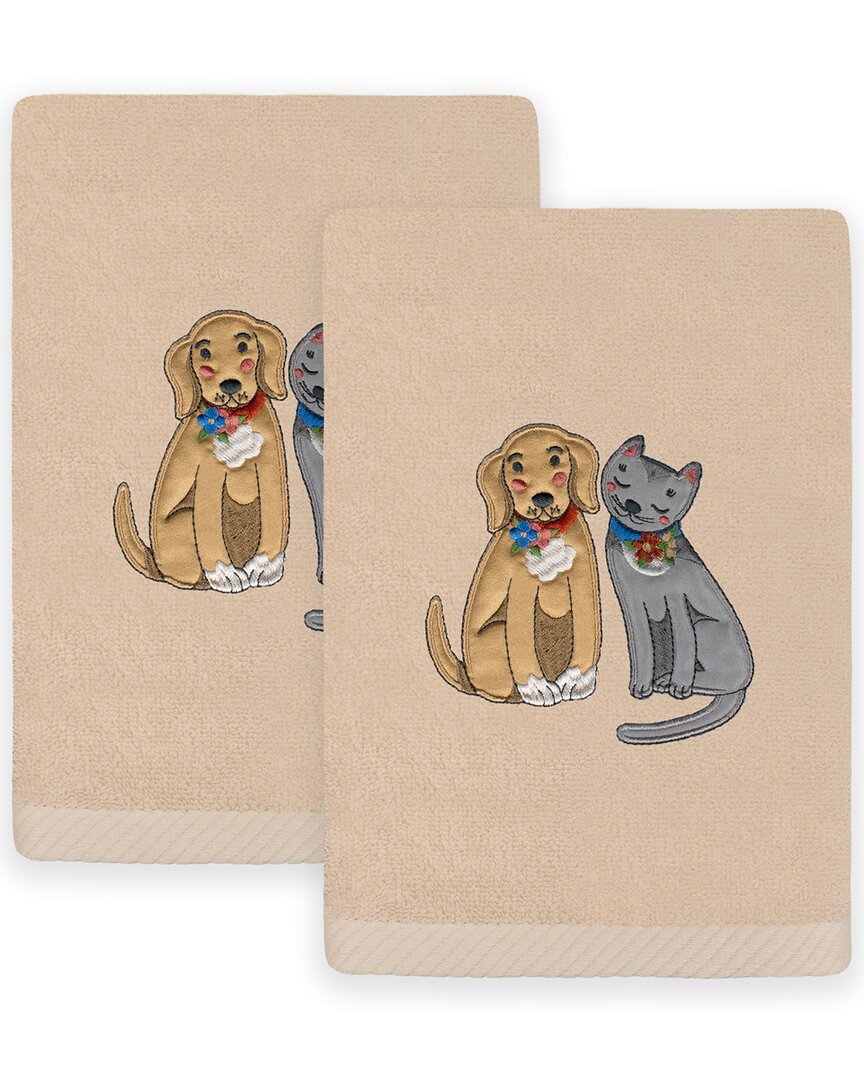 Linum Home Textiles Set Of 2 Spring Dog & Cat Embroidered Luxury Hand Towels