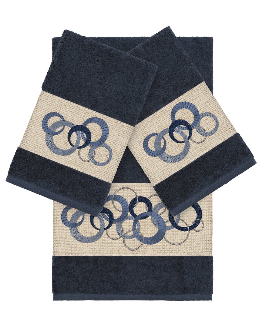 Linum Home Textiles Turkish Cotton Spring Time 3pc Embellished Bath & Hand Towel Set In Blue