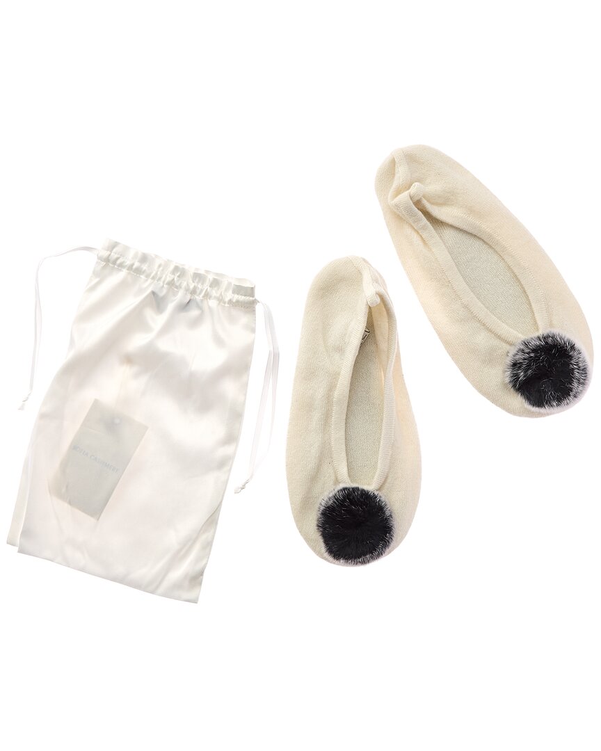 Sofia Cashmere Sofiacashmere Cashmere Knitted Ballet Slipper With Fox Pom & Drawstring Pouch In Neutral