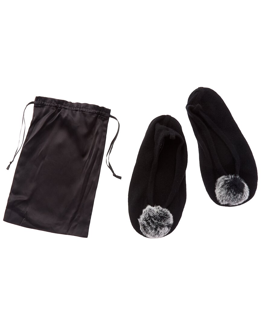 Sofia Cashmere Sofiacashmere Cashmere Knitted Ballet Slipper With Fox Pom & Drawstring Pouch In Black