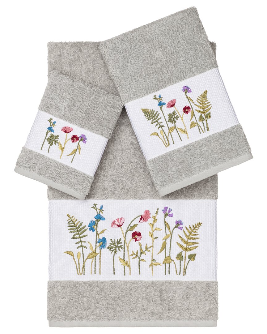Linum Home Textiles Turkish Cotton Serenity 3pc Embellished Towel Set In Grey