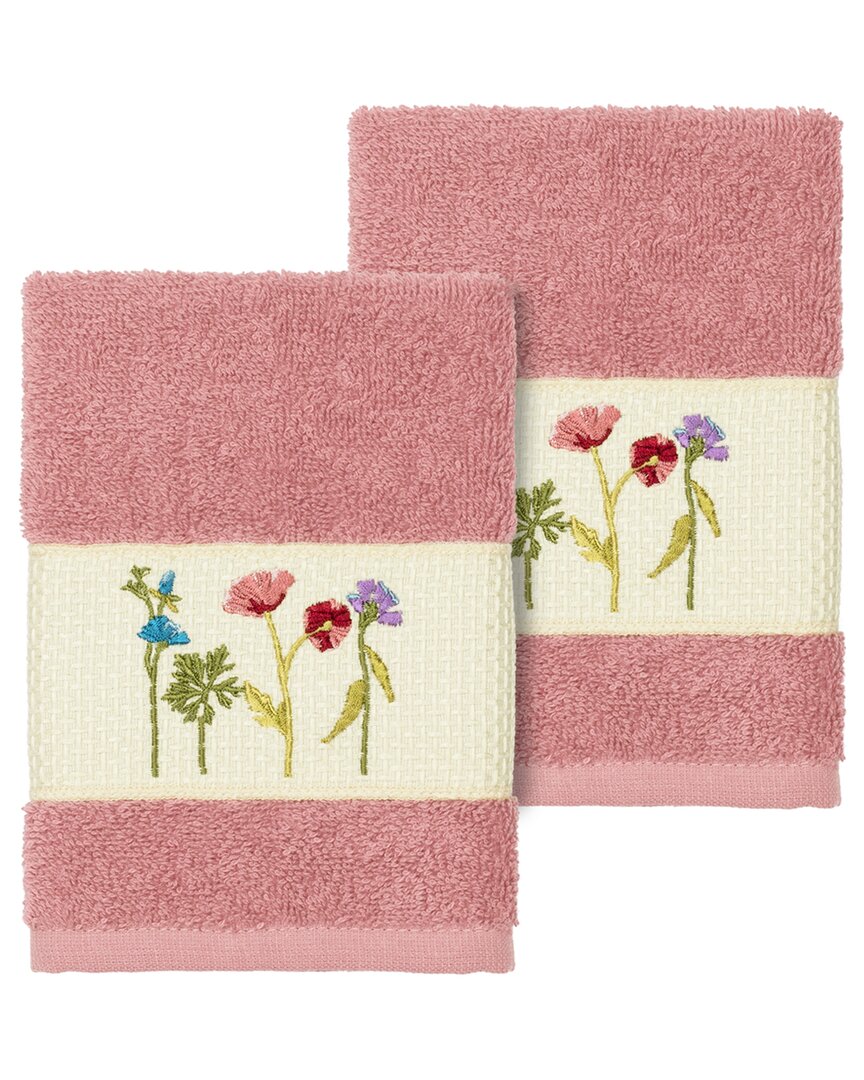 Linum Home Textiles Turkish Cotton Serenity 2pc Embellished Washcloth Set In Rose