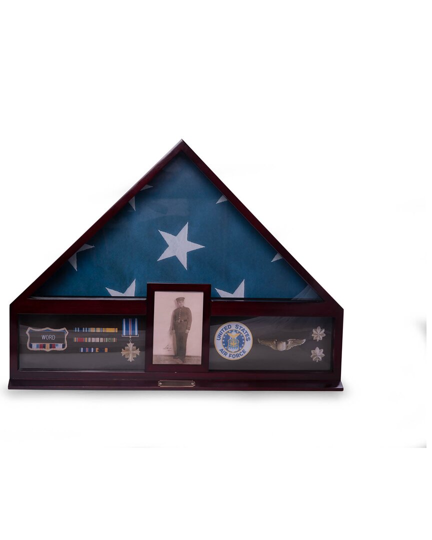 Bey-berk Handcrafted Military Flag And Medal Display Case With 4in X 6in Picture Frame. In Brown