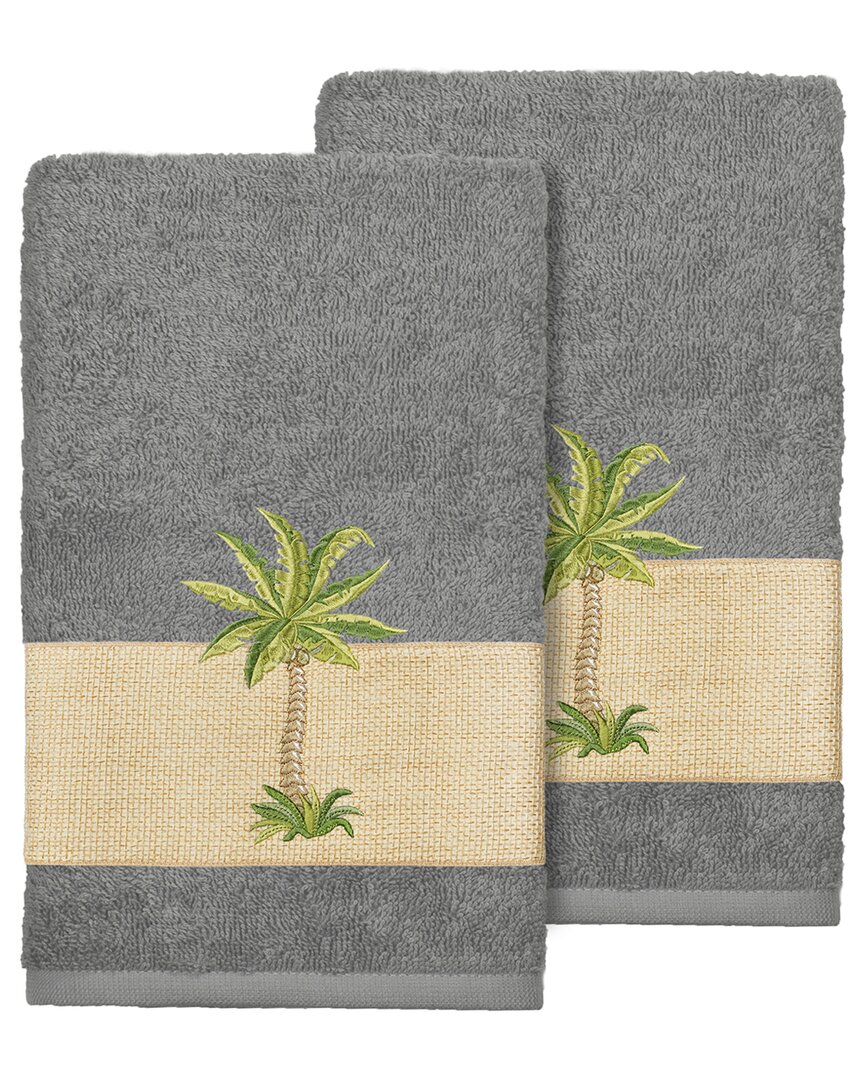 Linum Home Textiles Turkish Cotton Colton 2pc Embellished Hand Towel Set In Grey