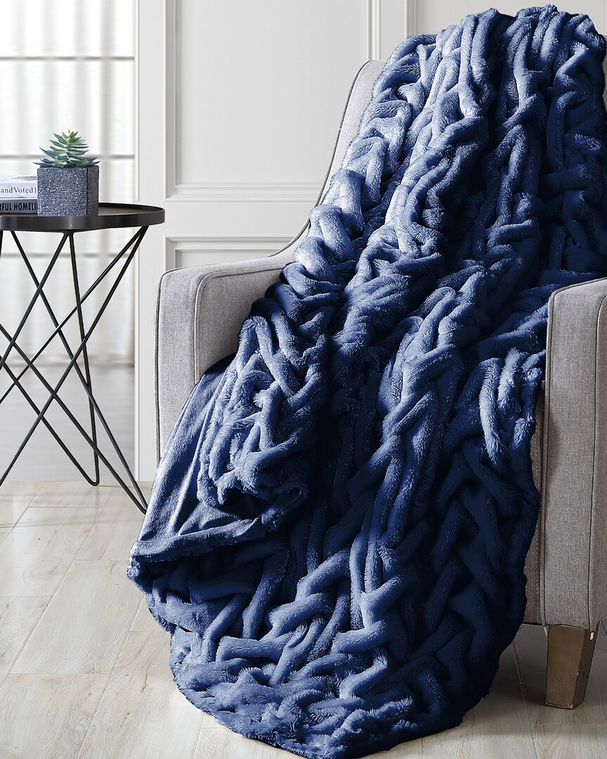 Modern Threads Luxury Braided Faux Fur Reverse To Flannel Throw Blanket In Navy