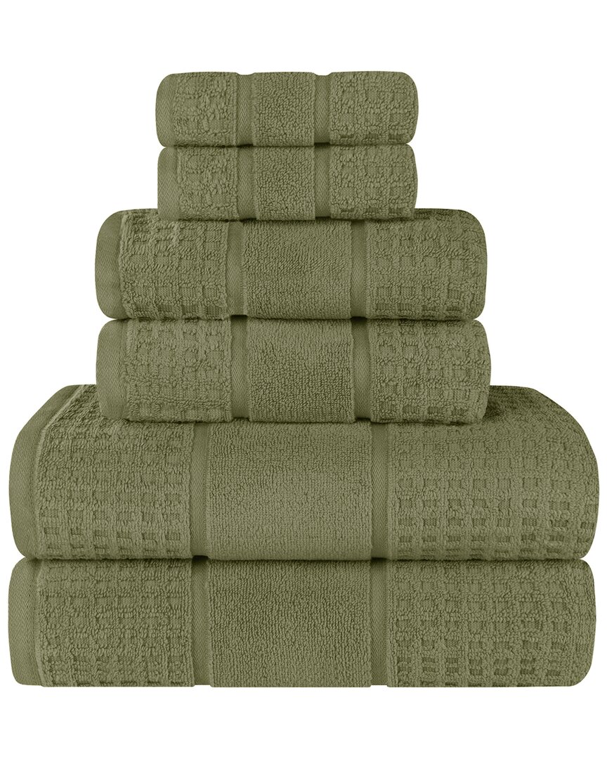 Superior 6pc Zero Twist Cotton Waffle Honeycomb Plush Soft Absorbent Towel Set In Green