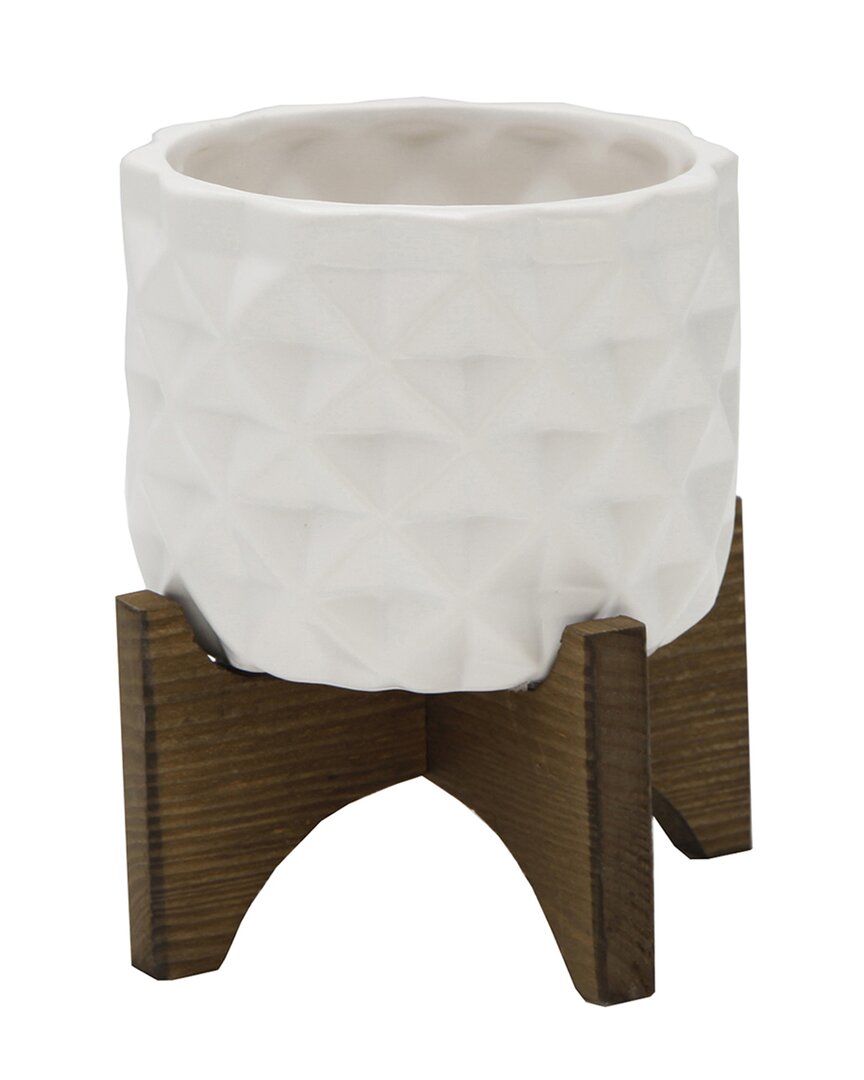 Flora Bunda 5in Ceramic Dimple Pattern On Wood Stand In White