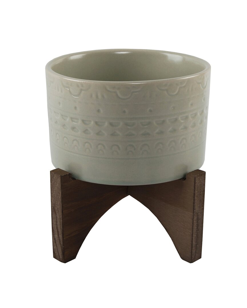 Flora Bunda 5in Mayan Ceramic Planter On Wood Stand In Green