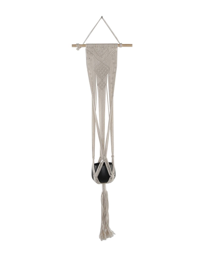Flora Bunda 33in Hanging Macrame With 4in Ceramic Pot In White