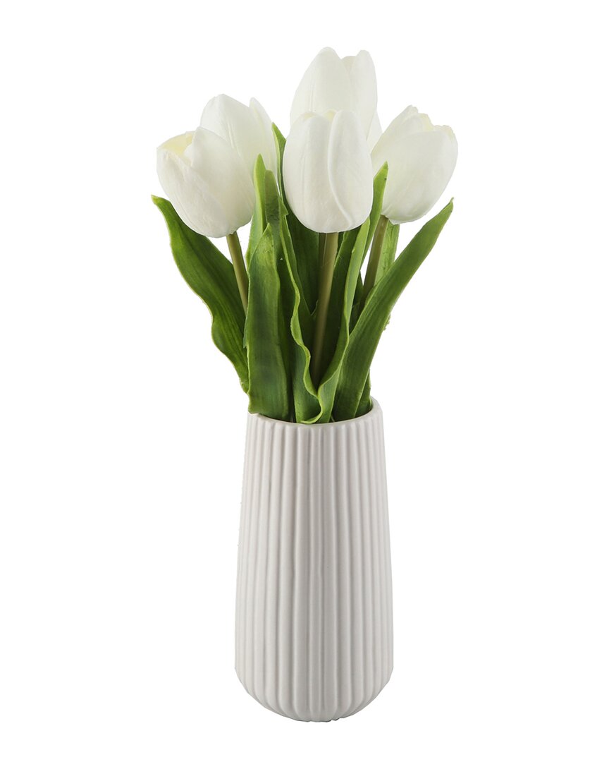 Flora Bunda Real-touch Tulips In 8inh Ceramic Vase In White