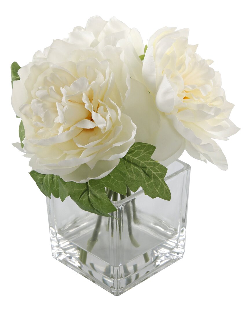 Flora Bunda 9in Tall Silk Peony Arrangement In Glass Pot In Cream