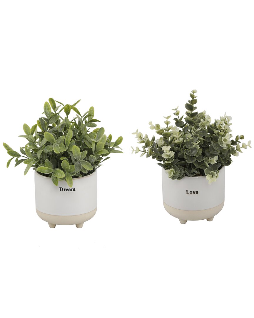 Flora Bunda Euc In 4.75in Love Text + Tea Leaf In Dream Ceramic Footed,set Of 2 In White