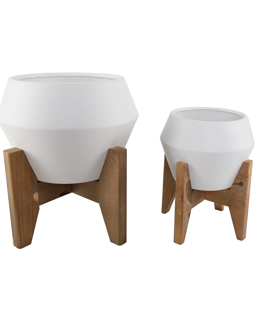 Flora Bunda 10 & 8in Openning Ceramic Plant Pot On Wood Stand In White