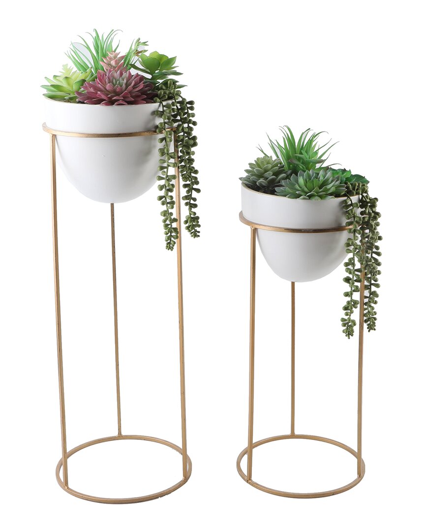 Flora Bunda 36in & 29in Succulent Mix In Ceramic Pots With Gold Metal Stands In White