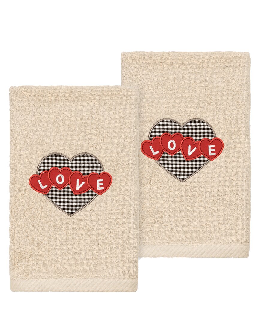 Linum Home Textiles Love Hearts - Embroidered Luxury 100% Turkish Cotton Hand Towels (set Of 2) In Sand