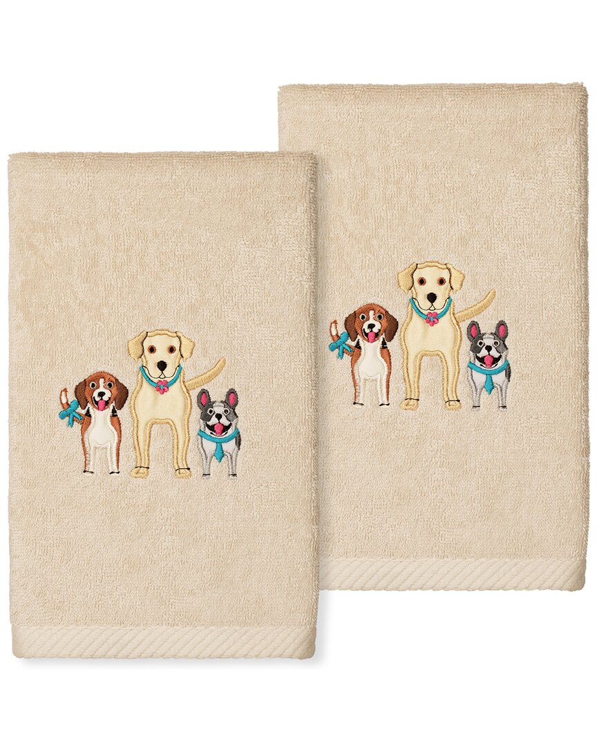 Linum Home Textiles Dogs - Embroidered Luxury 100% Turkish Cotton Hand Towels (set Of 2) In Sand