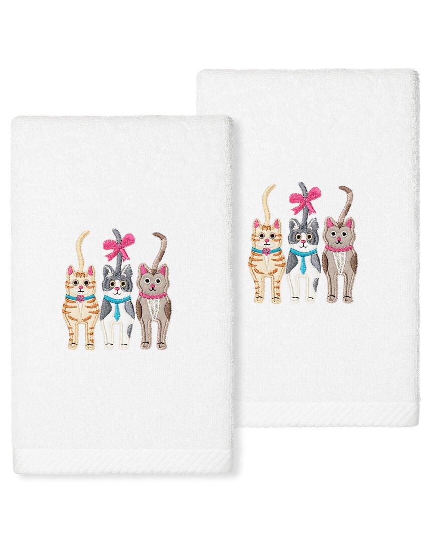 Linum Home Textiles Cats - Embroidered Luxury 100% Turkish Cotton Hand Towels (set Of 2) In White