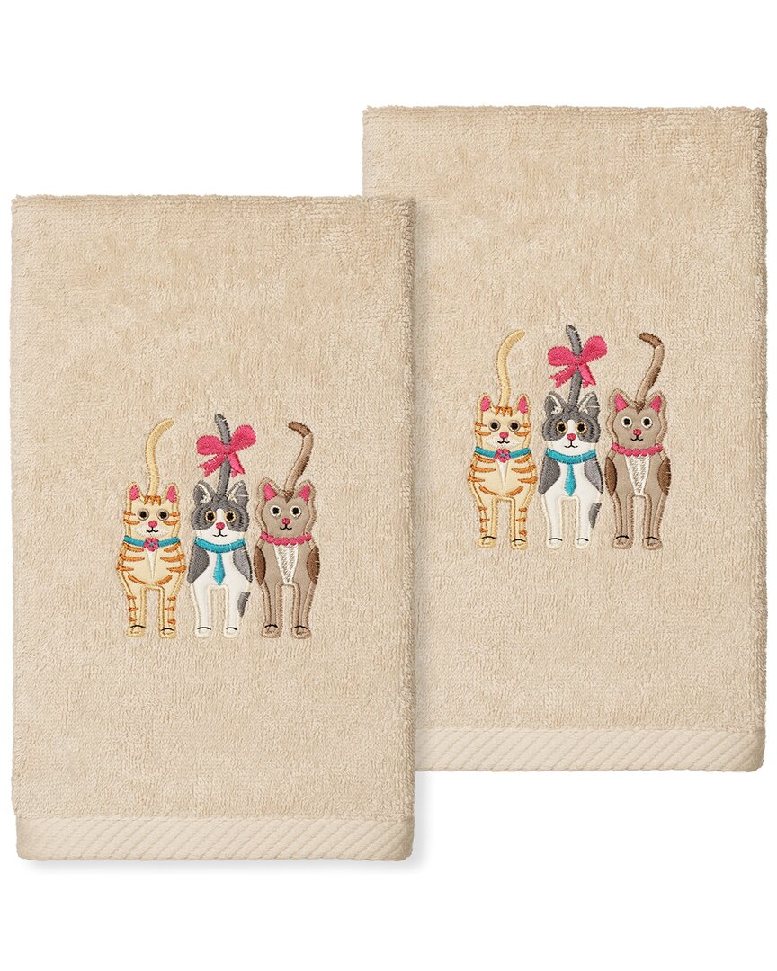 Linum Home Textiles Cats - Embroidered Luxury 100% Turkish Cotton Hand Towels (set Of 2) In Sand