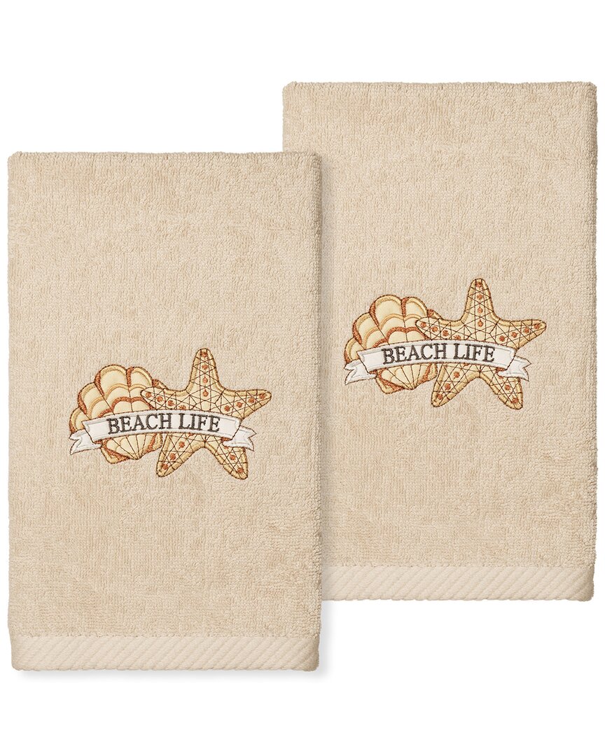 Linum Home Textiles Beach Life - Embroidered Luxury 100% Turkish Cotton Hand Towels (set Of 2) In Sand