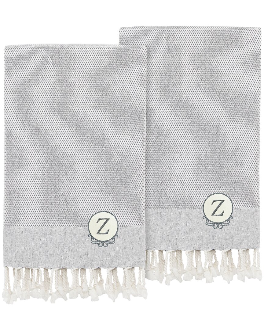 Linum Home Textiles Monogrammed Grey Fun In Paradise Pestemal Hand/guest Towels (set Of 2) In Gray