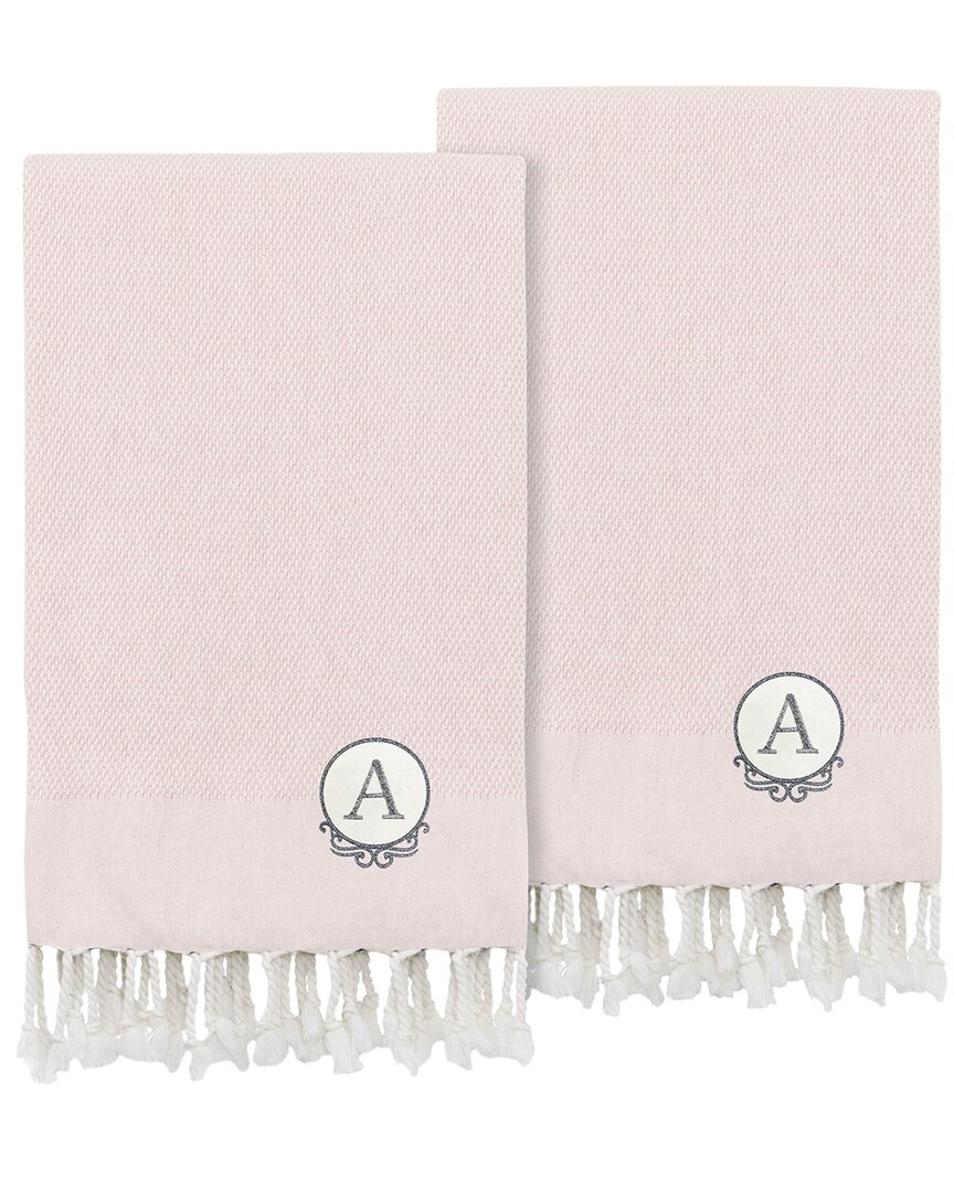 Linum Home Textiles Monogrammed Pink Fun In Paradise Pestemal Hand/guest Towels (set Of 2), (a-z) In Powder