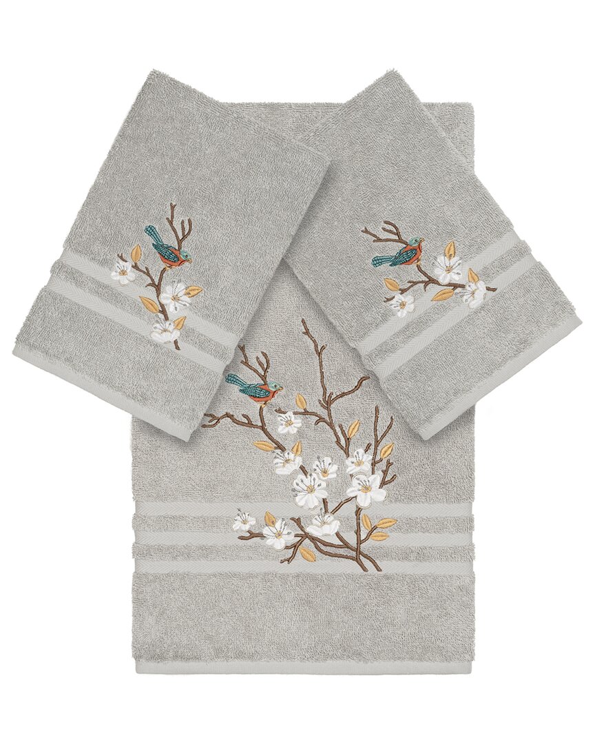Linum Home Textiles Turkish Cotton Spring Time 3pc Embellished Bath & Hand Towel Set In Grey