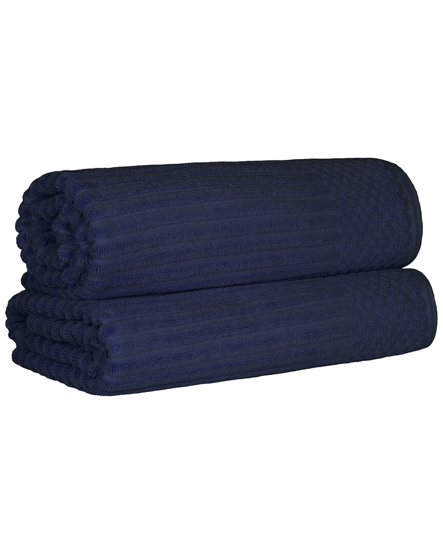 Superior Cotton Highly Absorbent Solid And Checkered Border Bath Sheet Set In Navy