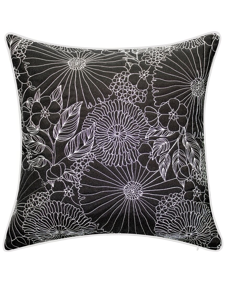 Edie Home Indoor/outdoor Fine Line Embroidered Floral Decorative Pillow In Black