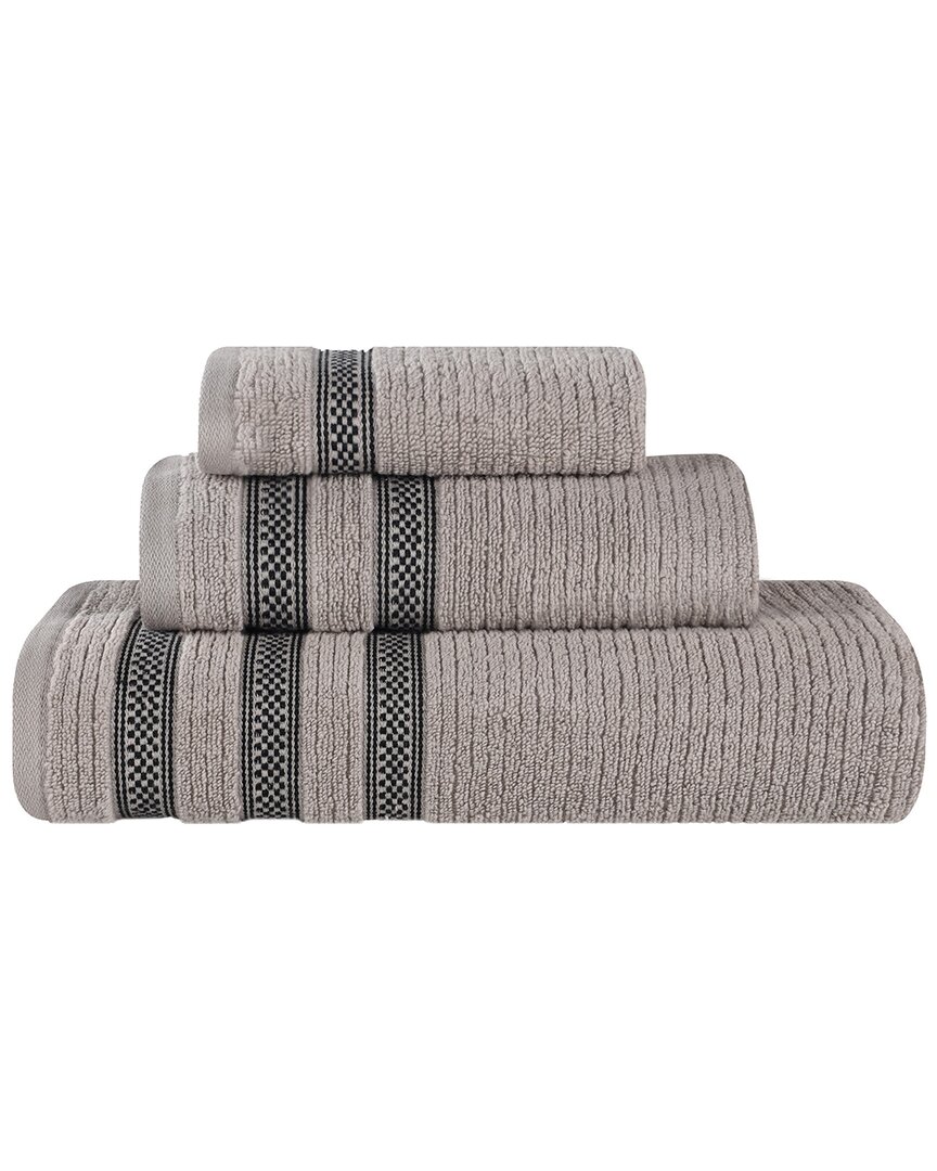 Superior Brea Zero Twist Cotton Ribbed Geometric Border Plush 3pc Towel Set In Gray