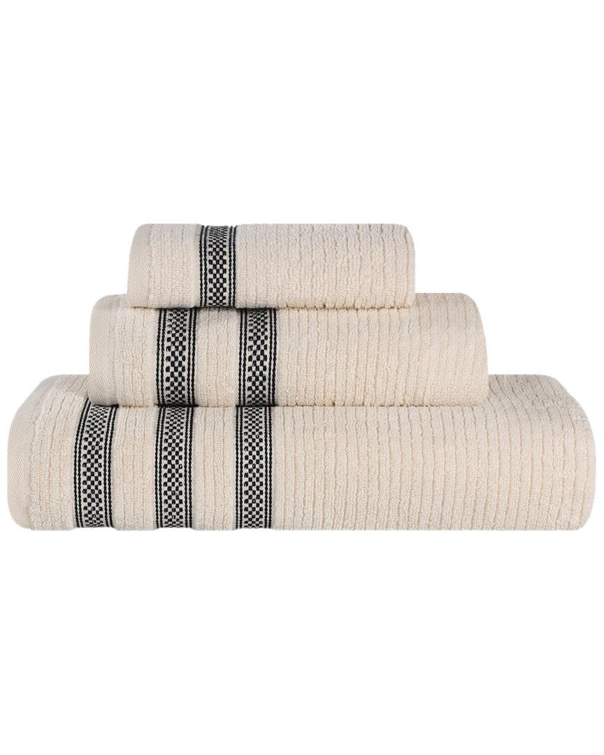Superior Brea Zero Twist Cotton Ribbed Geometric Border Plush 3pc Towel Set In Neutral
