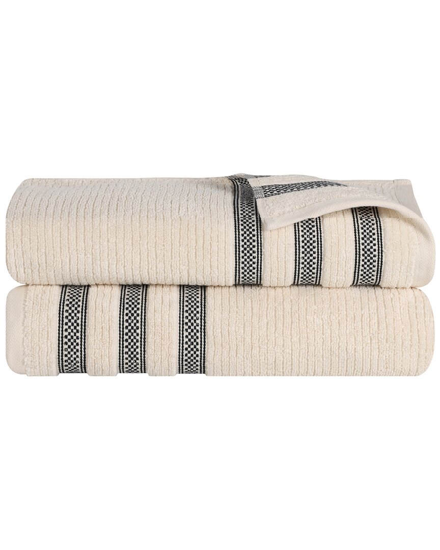 Superior Set Of 2 Brea Zero Twist Cotton Ribbed Geometric Border Plush Bath Sheets
