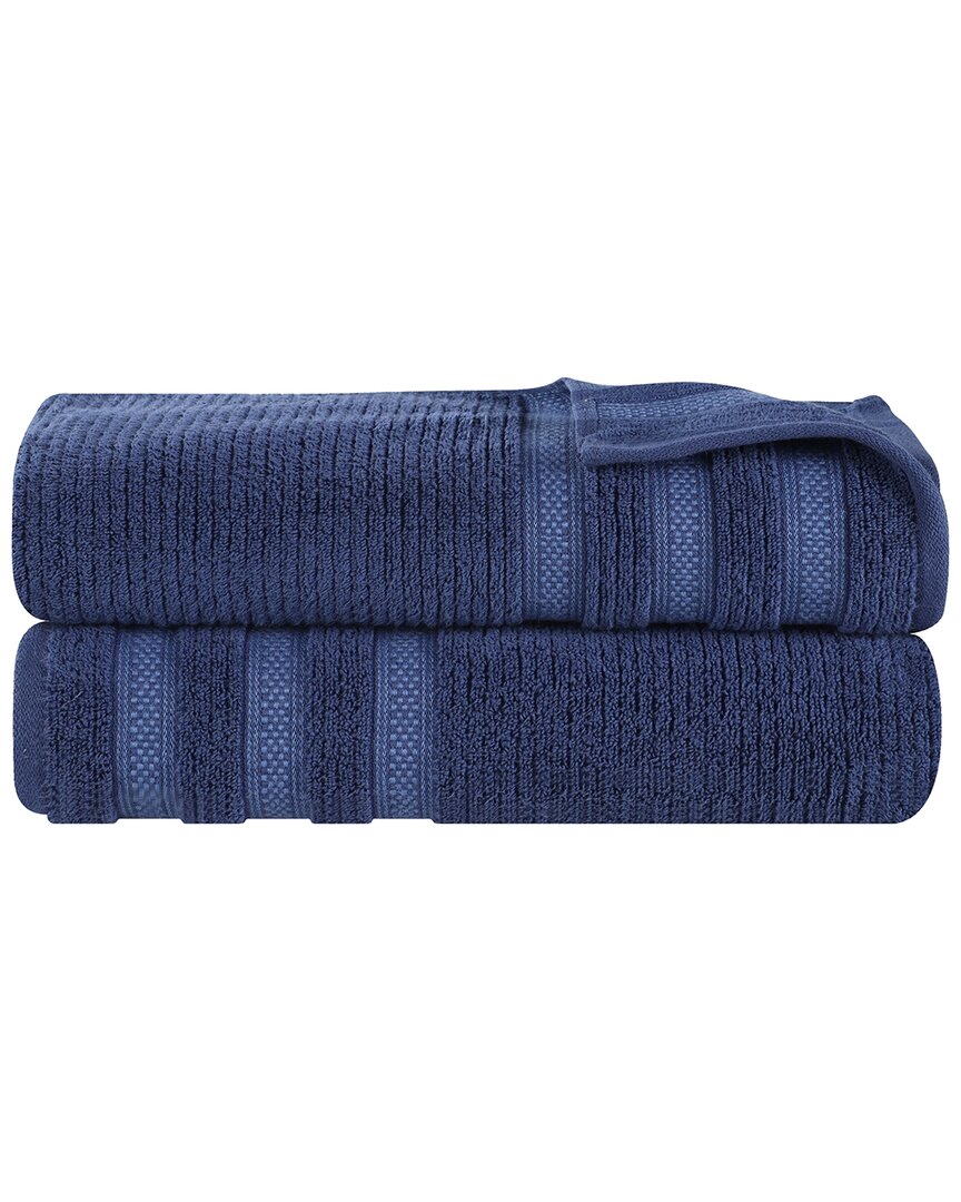 Superior Set Of 2 Brea Zero Twist Cotton Ribbed Geometric Border Plush Bath Sheets