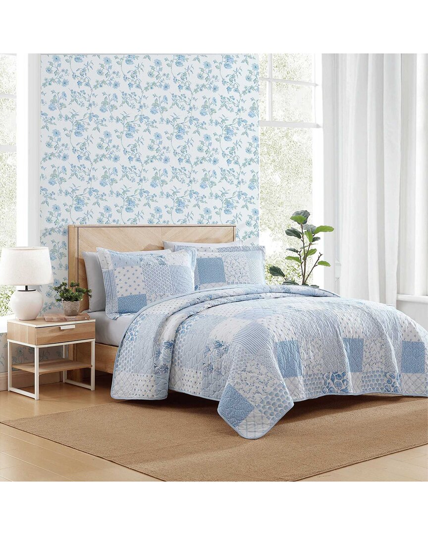 Laura Ashley 136 Thread Count Colleens Coastal Patchwork Reversible Quilt Set In Blue