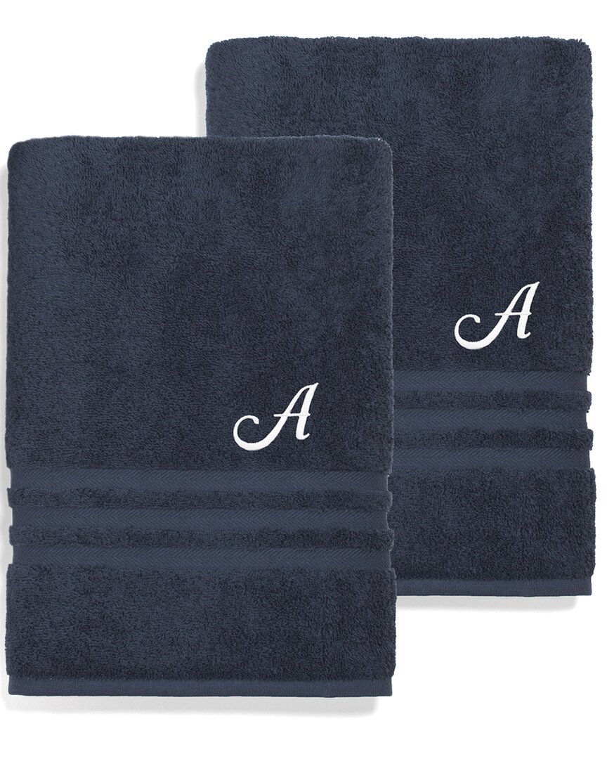 Linum Home Textiles Monogram Turkish Cotton 2pc Denzi Bath Towel Set (a-z) In Blue